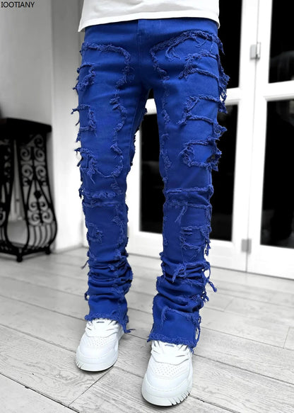 New Fashion Stretch Jeans Man Stacked Jeans Elastic Waist Straight Fit Patchworks Denim Long Pants Fringe Ripped Jeans For Men