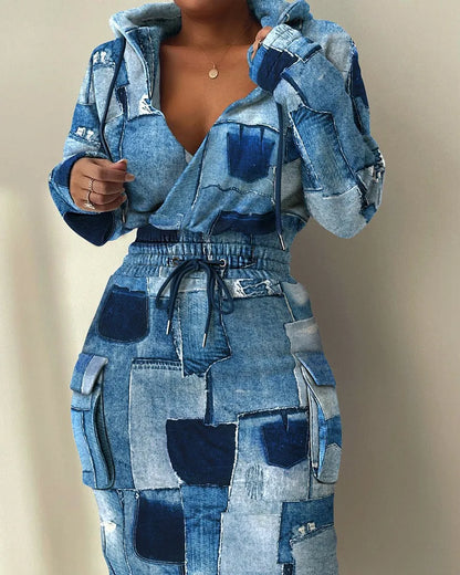 Womens Dresses  Spring Fashion Camouflage Print Waist Drawstring Pocket Design Long Sleeved Casual Daily Midi Dress