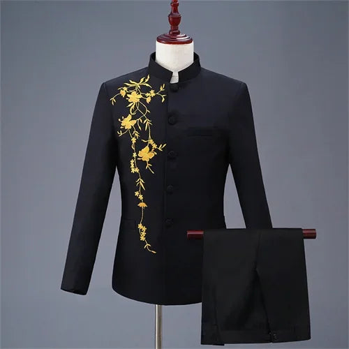 Neuer Herren Stehkragen Bestickter Anzug 2-teilig Schwarz / Weiß / Rot Mode Herren Bühne Party Perform Blazer und Hose