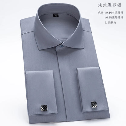 Men's French cufflink shirt with long sleeves slim fit concealed buttons solid color high end wedding dress formal men's