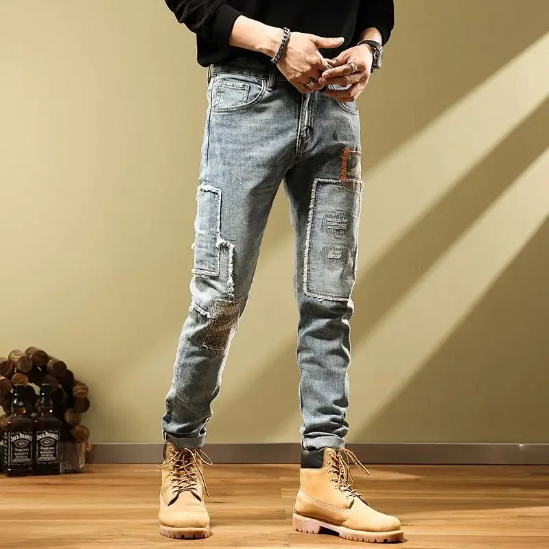 Male Cowboy Pants Tight Pipe Trousers Slim Fit Elastic Jeans for Men Patch Stretch Skinny Loose Korean Style Fashion Retro Cheap