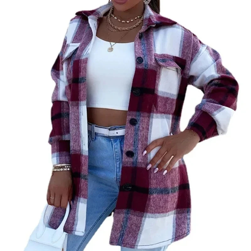 Women Coat Plaid Print Pocket Button Coats Long Sleeve Shacket Autumn Turn Down Collar Single Jacket Breasted Spring Jackets