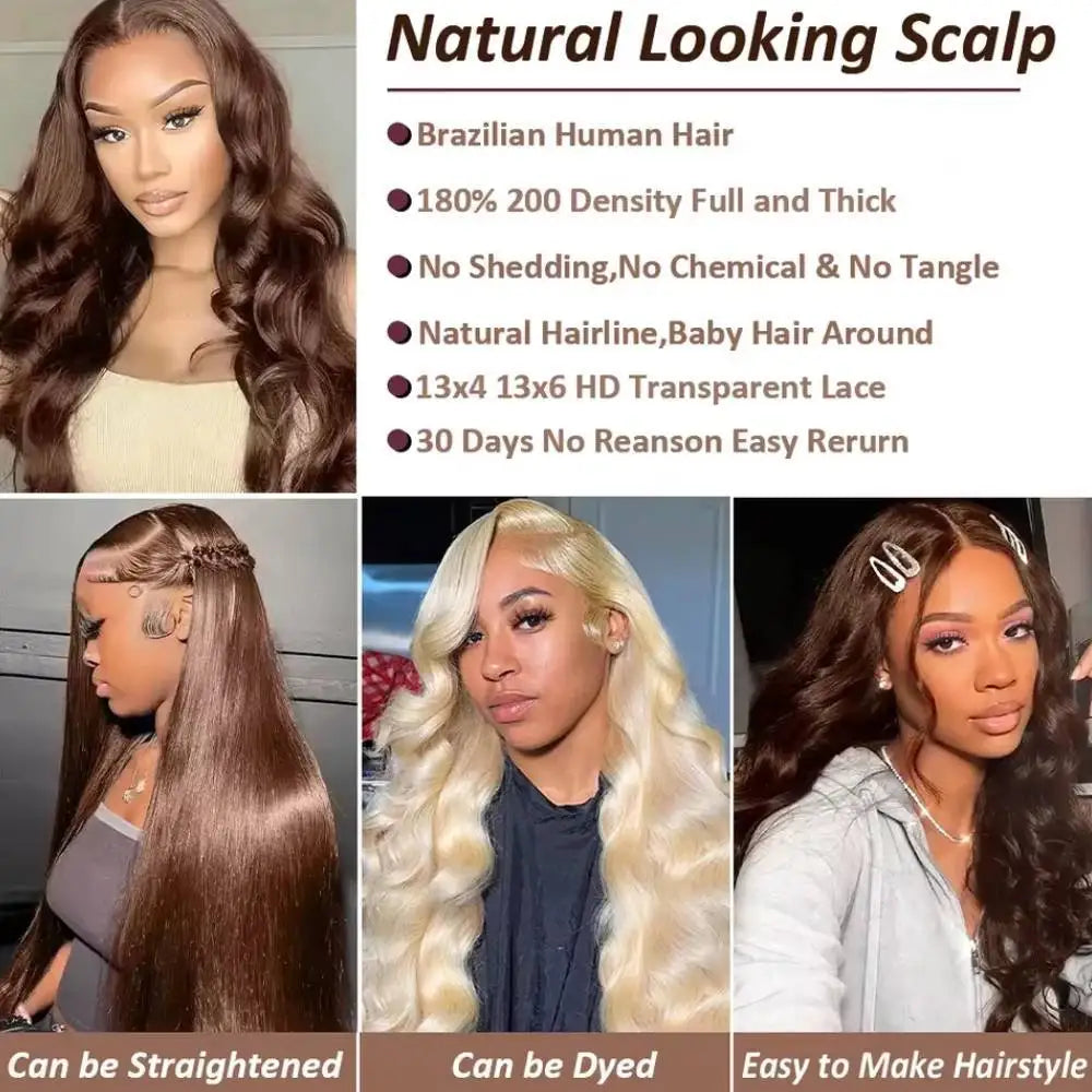 Body Wave Wig 46 Inches #4 Chocolate Brown Remy Hair 13x4 13x6 HD Transparent Lace Frontal Wigs Pre Plucked Human Hair For Women