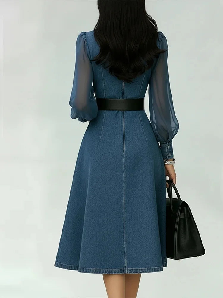 Streetwear Denim A-Line Dress Summer Women Tulle Puff Long Sleeve See Through V Neck Maxi Dresses Vintage Jean Dress With Belt