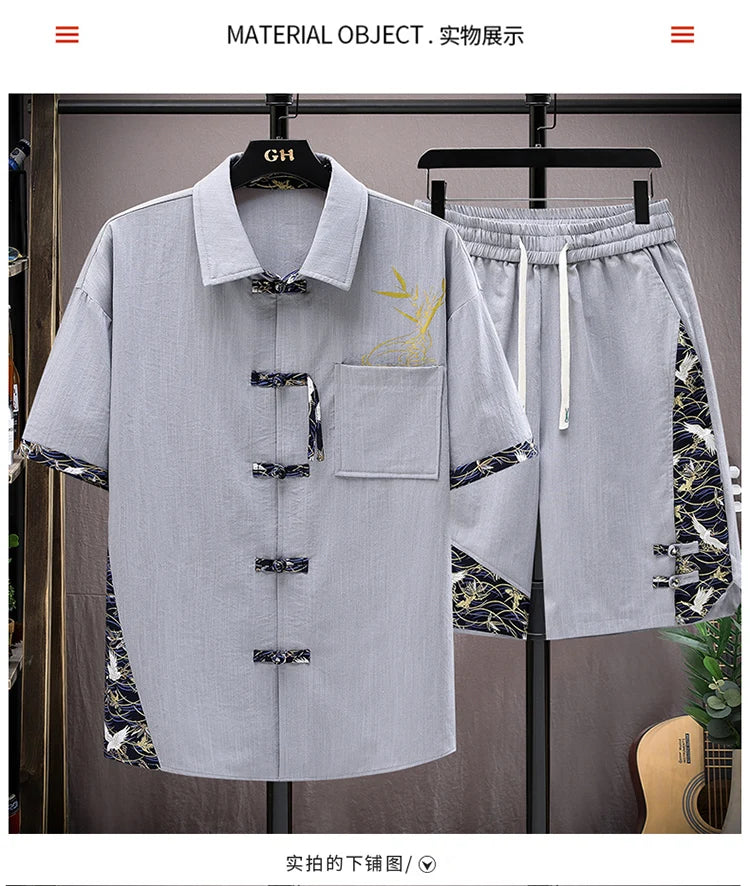 Summer Sets Men Fashion Print Short Sleeved Shirt Shorts Two-piece Men Chinese style Loose Set Mens Short Sets