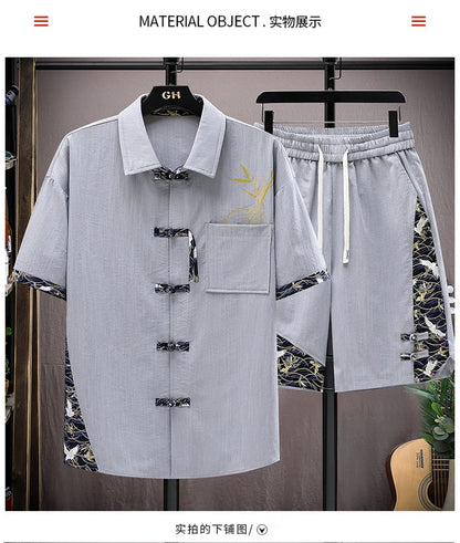 Summer Sets Men Fashion Print Short Sleeved Shirt Shorts Two-piece Men Chinese style Loose Set Mens Short Sets