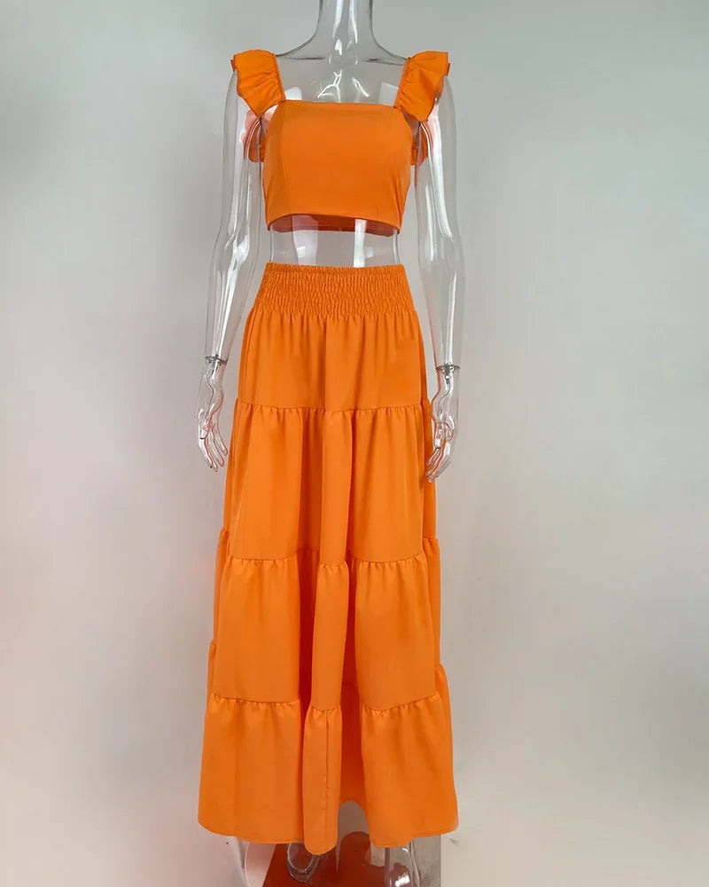 Women Two Piece Set Solid Beach Bohemian Long Skirt Strapless Crop Top Cascanding Ruffles Long Skirt Suit Outfits