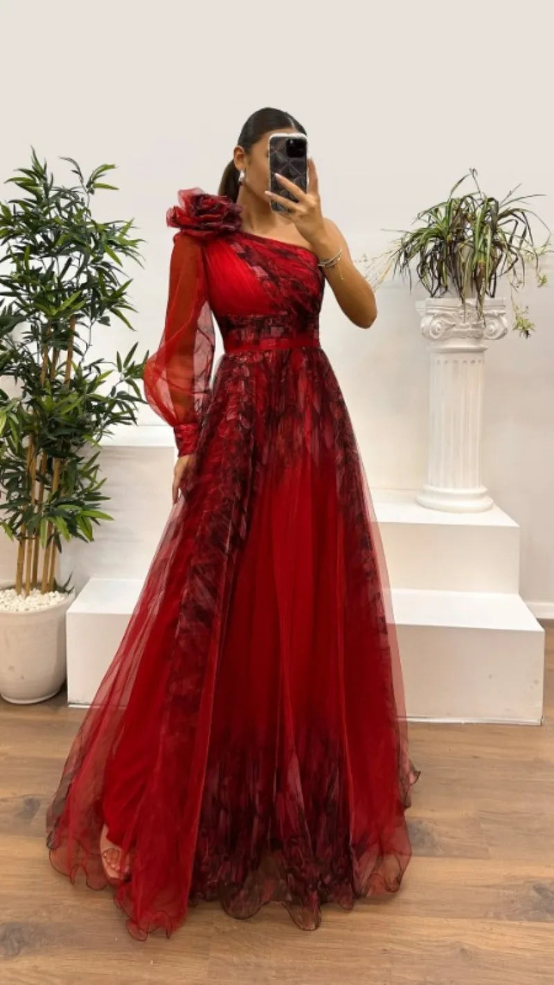 2025 Women Evening Dress Off Shoulder Pleated Long Lantern Sleeve Split Hem Maxi Dress Rhinestone Decor High Waist Party Dresses