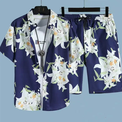 Comfortable flower grass leaf coconut tree 3D Print shirt +Shorts Two Piece Set Short Sleeve Flip collar shirts half pants