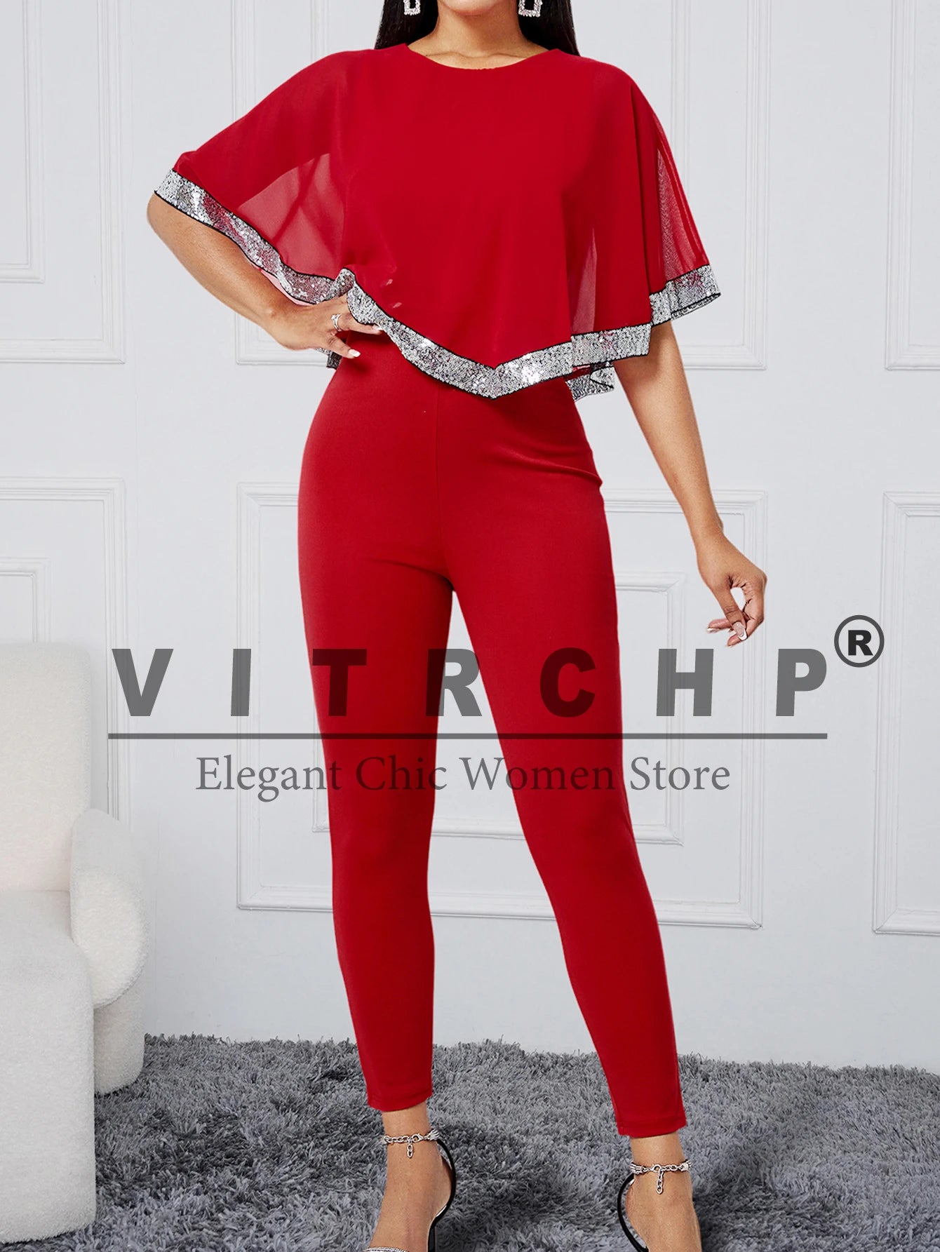 VITRCHP Jumpsuit for Women Autumn Fashion Party Overalls Contrast Sequin Cape Sleeve Tape Patch Elegant Work Bodycon Romper