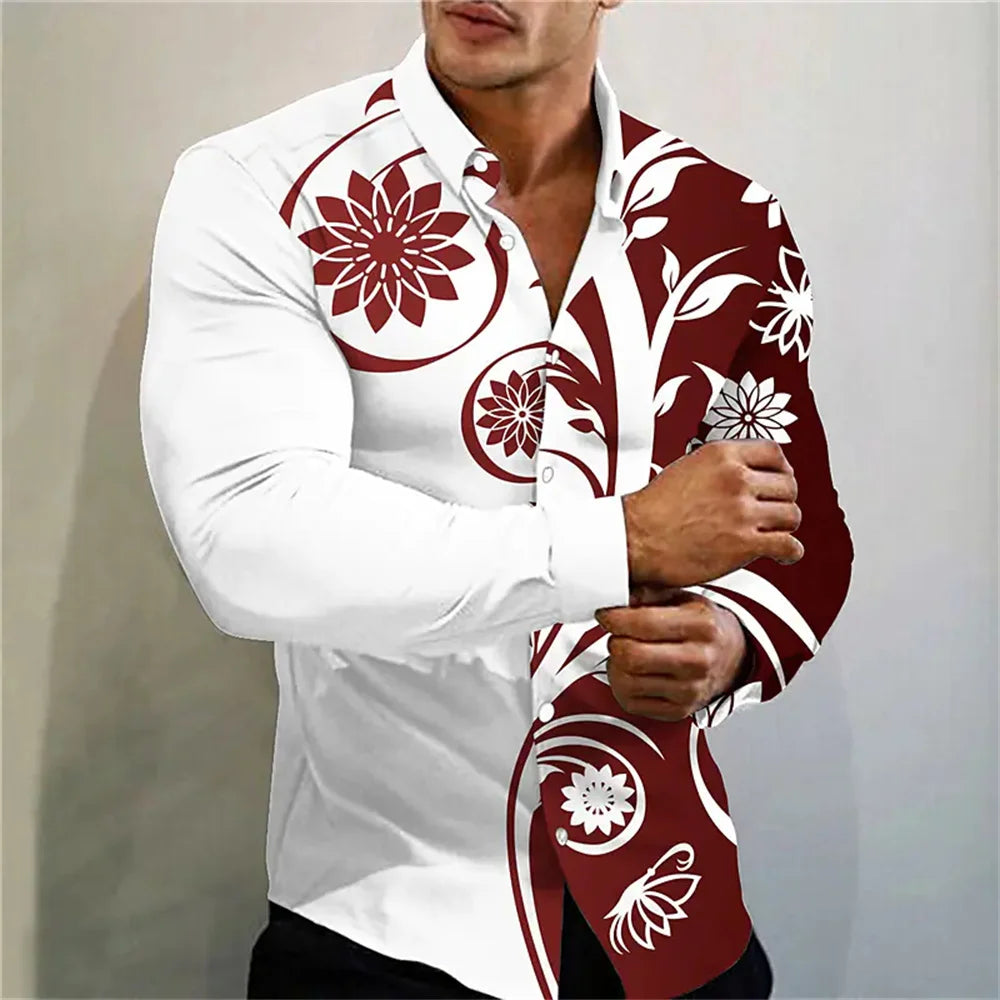 Men's High Quality Luxury Prom Fashion Social Flower Print Polo Single breasted Costume Designer Long Sleeve Men's Shirt