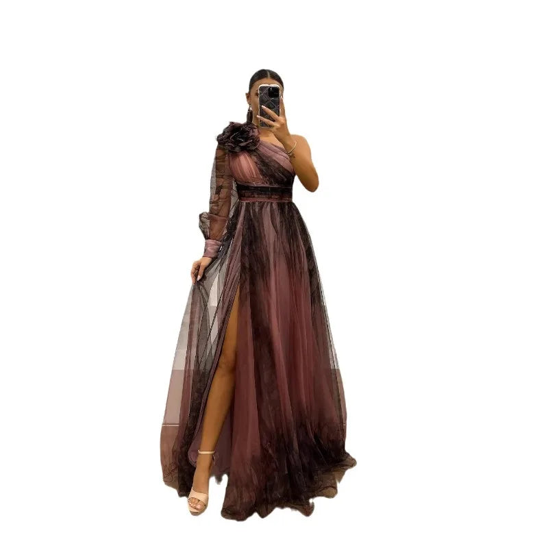 2025 Women Evening Dress Off Shoulder Pleated Long Lantern Sleeve Split Hem Maxi Dress Rhinestone Decor High Waist Party Dresses