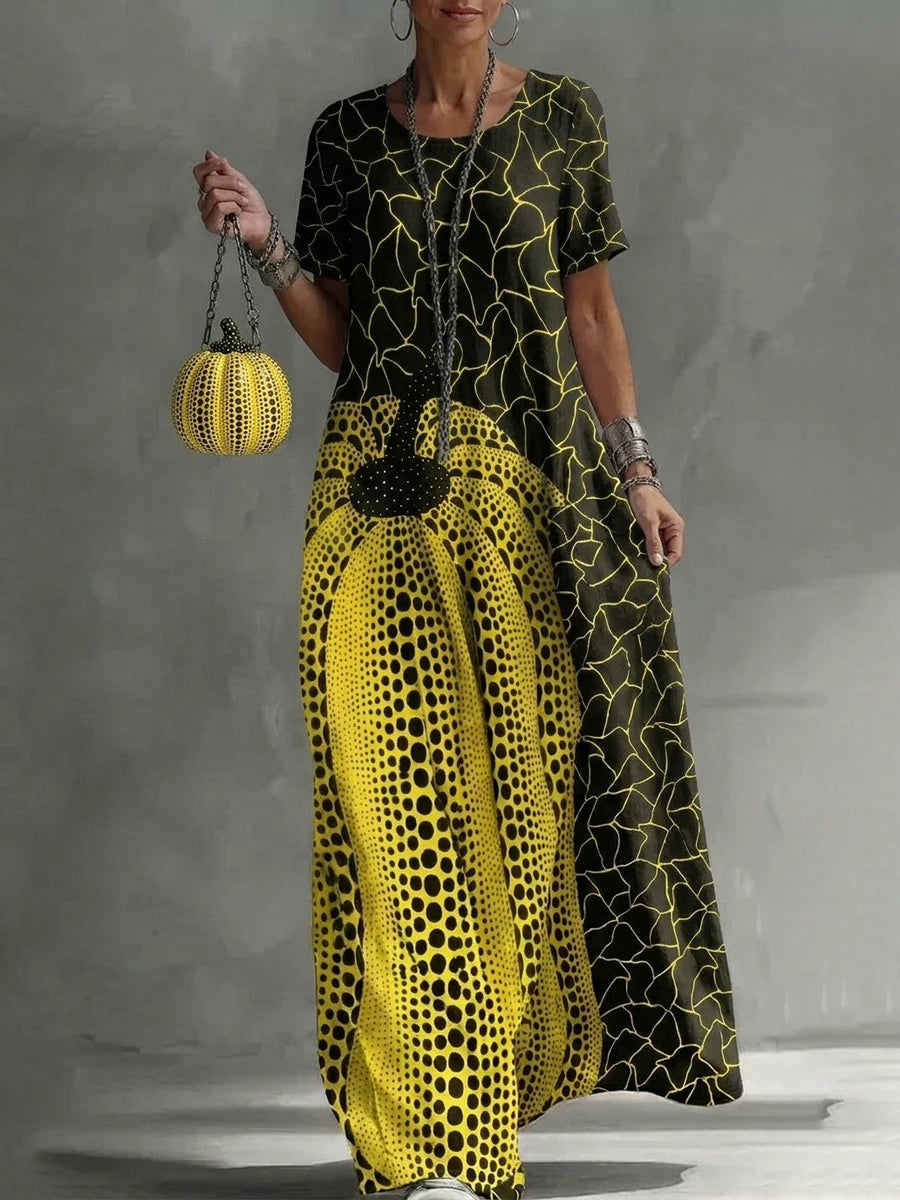 Freeacy 2026 Summer New Artistic Print Maxi Dress for Women Round Neck Short Sleeve Casual Party Dresses Vacation Sundress