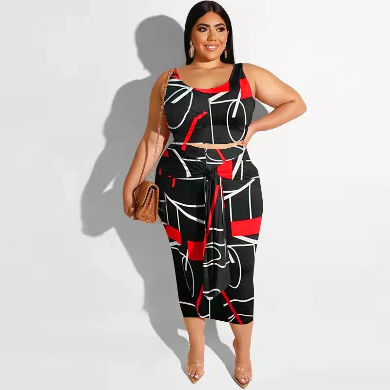 Perl Geometry Printed Crop Vest+skirt Suit Plus Size Summer Outfit Two Piece Dress Set Fashion Women's Clothing Y2k 4XL 5XL