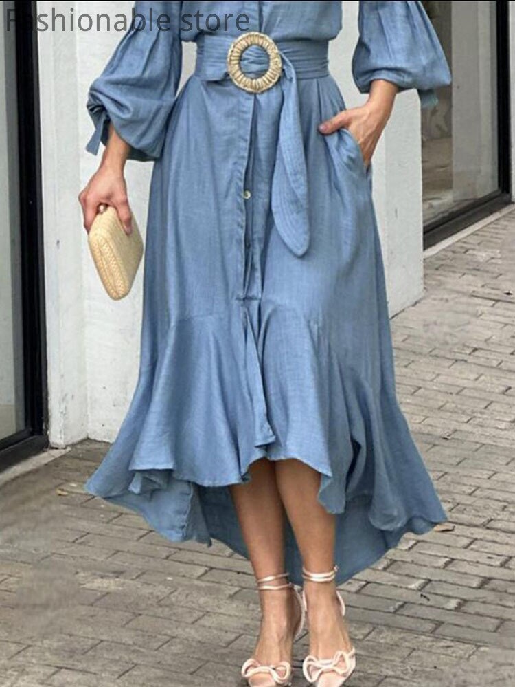 Women Elegant Solid Color Lantern Sleeve Ruffle Hem Pocket Design Belt Maxi Dress Without Lining