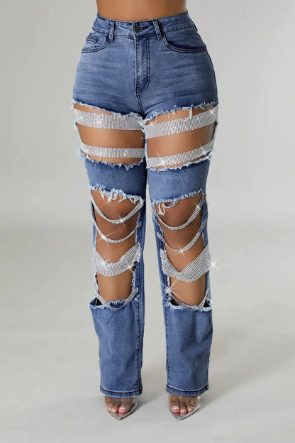 CM.YAYA Women Fashion Pearl Beading Ripped Hollow Out Tassel Wide Leg Jeans  New Summer INS Street Denim Pants Trousers