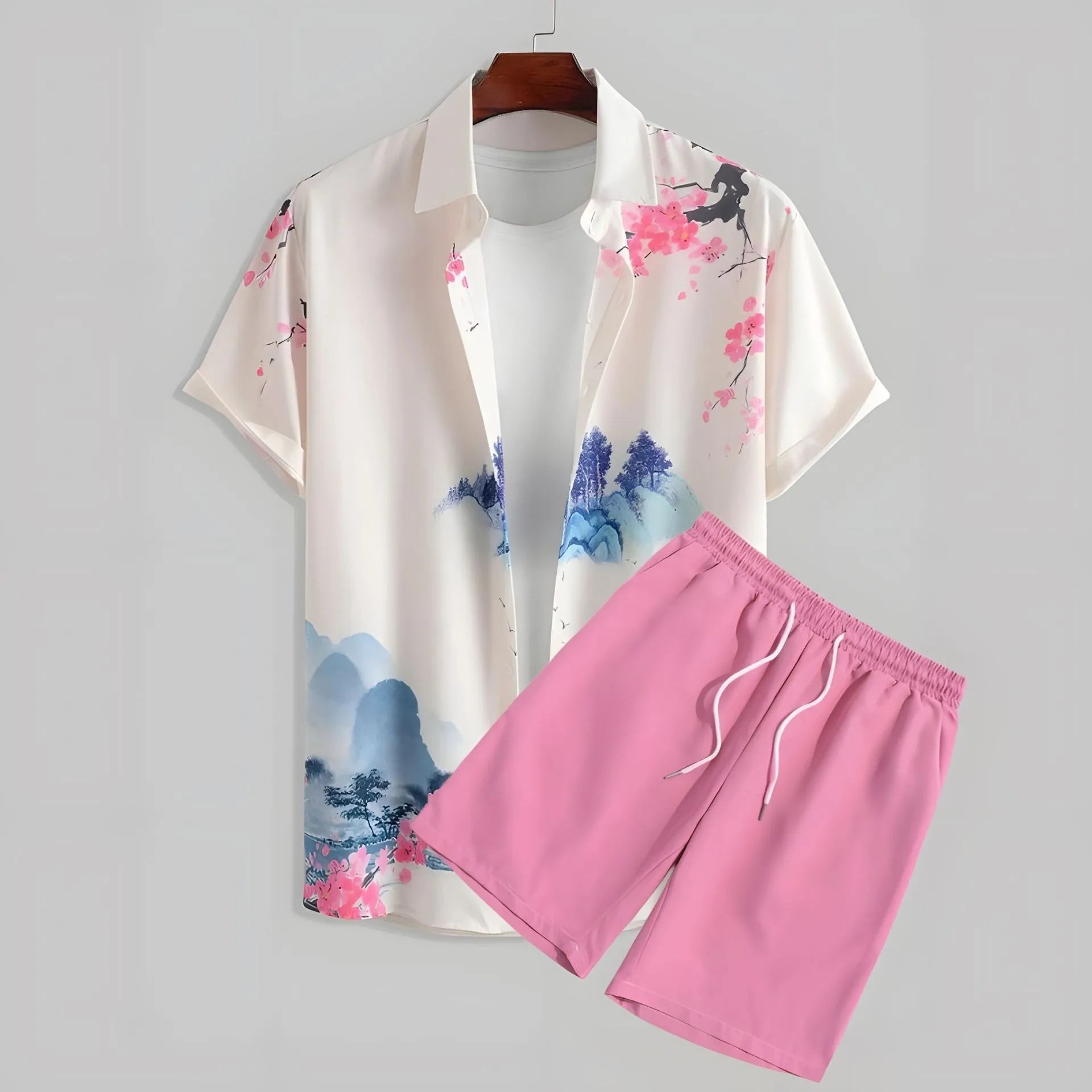 Comfortable Coconut trees leaves color blocking 3D Print shirt +Shorts Two Piece Set Short Sleeve Flip collar shirts half pants