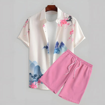 Comfortable Coconut trees leaves color blocking 3D Print shirt +Shorts Two Piece Set Short Sleeve Flip collar shirts half pants