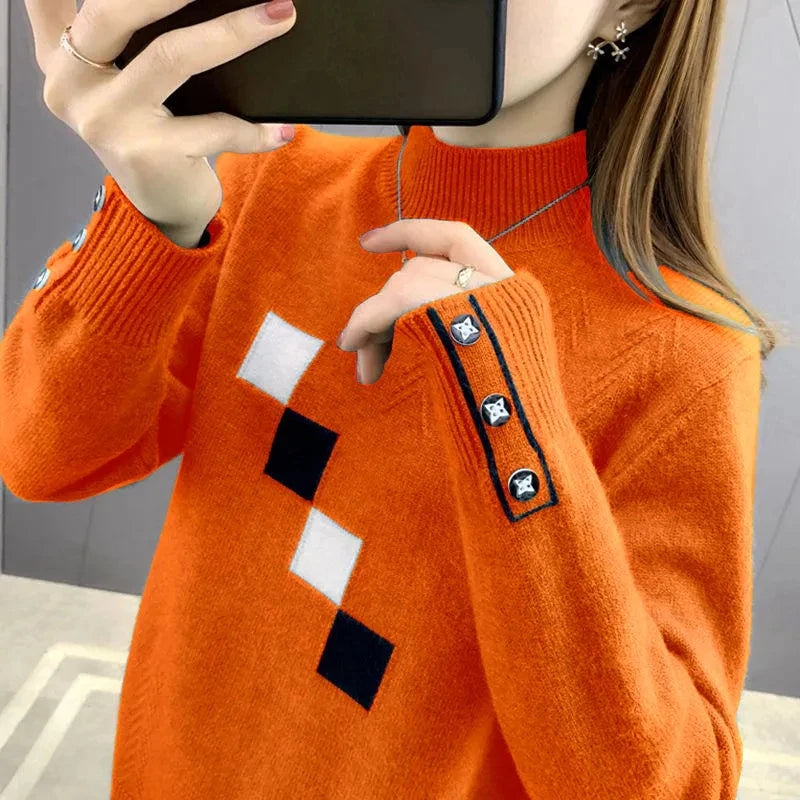 Autumn Winter Color Block Knitted Sweater Pullovers Women's Clothing 2023 New Fashion Long Sleeved All-Match Casual Female Tops