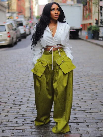 Solid Color Multi-pocket Loose Pants Women High Street Wide Leg Pants Straight High-waisted Oversized Y2K Trousers Pantalones
