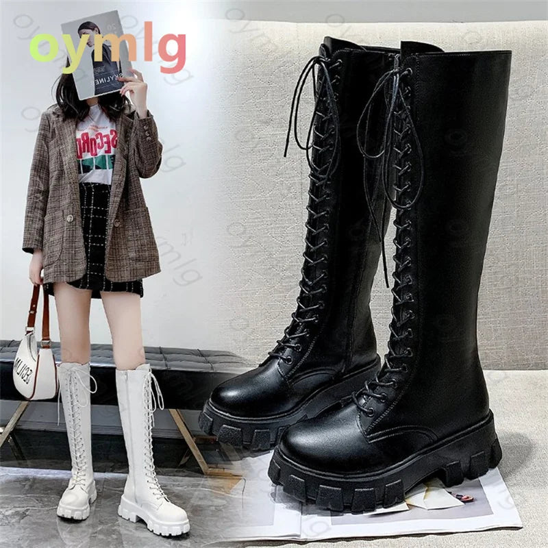 Winter Long Boot Shoes Women White Lace Up Zip Height Increasing Pu Leather Shoes Plush Botas Mujer  winter boots