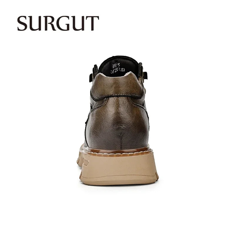 SURGUT Men's Leather Boots 2023 New Ankle Motorcycle Boots Retro Handmade Luxury Lace Up Waterproof Shoes For Men Working Boots