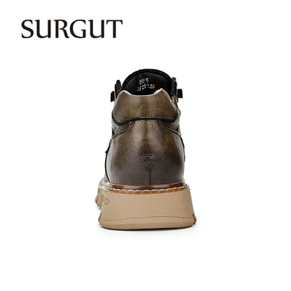 SURGUT Men's Leather Boots  New Ankle Motorcycle Boots Retro Handmade Luxury Lace Up Waterproof Shoes For Men Working Boots