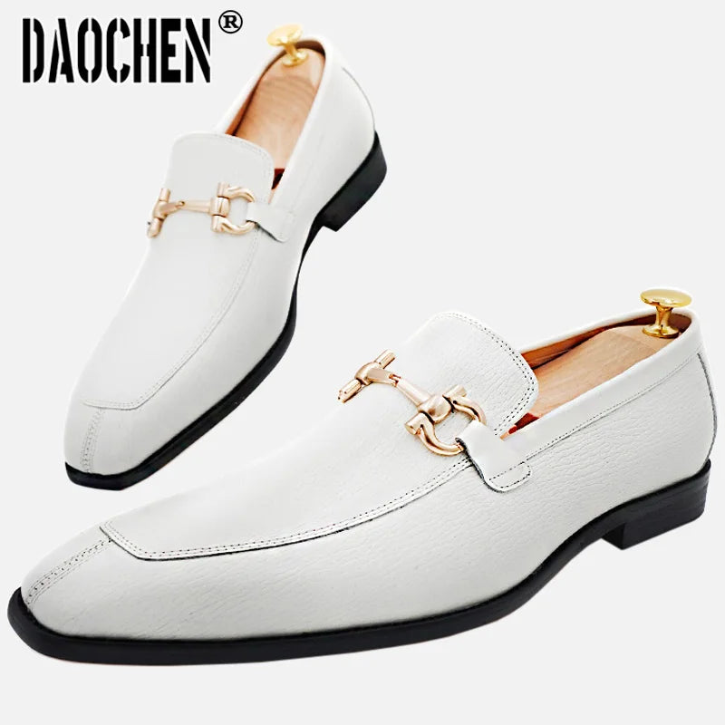 Luxury Men Leather Shoes Black White Horsebit Loafers Slip on Formal Men Dress Shoes Wedding Office Casual Shoes For Men