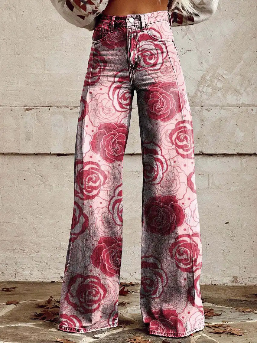 Plus Size 3D Fashionable Women's Pants Y2k Street Women's Clothing Women's Casual Pants Printed iMitation Jeans Wide Legs