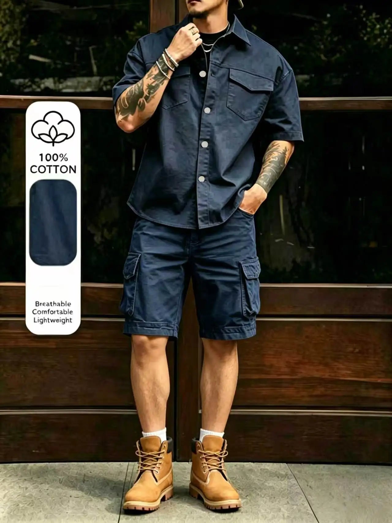 2026 Male Vintage Mens Multi Pocket Outfits Stylish Men Patchwork Shirt Shorts Sets Outdoor Casual Short Sleeve Two Piece Suits