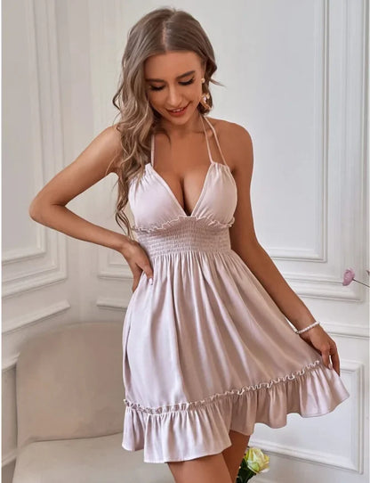 Sexy Deep V Neck Tank Top Women's Clothing Open Back Parallel Wrinkle Dress European And American Cross-border Popular Dress