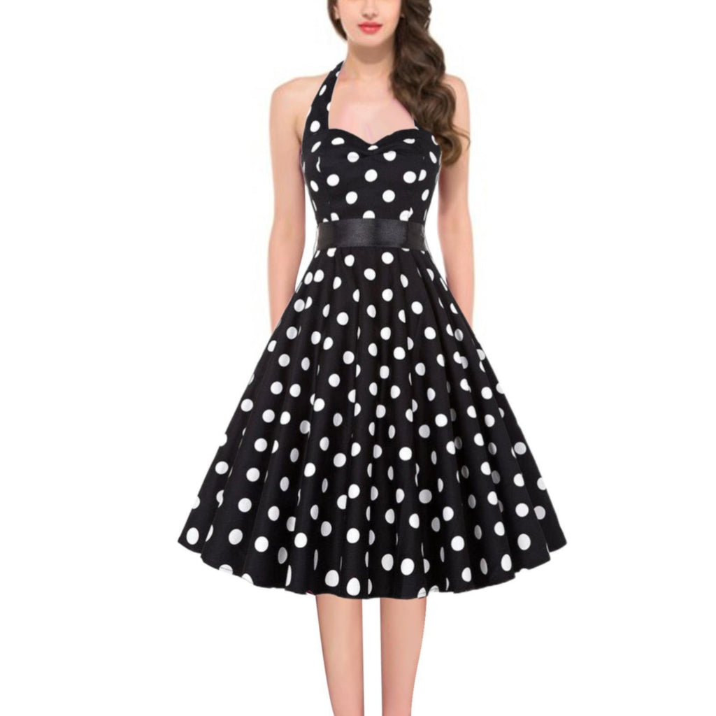 Vintage Polka Dot A-Line Dress Summer Women Sexy Halter Backless Low Cut Party Dress 50s 60s Retro Pin Up Rockabilly Swing Dress