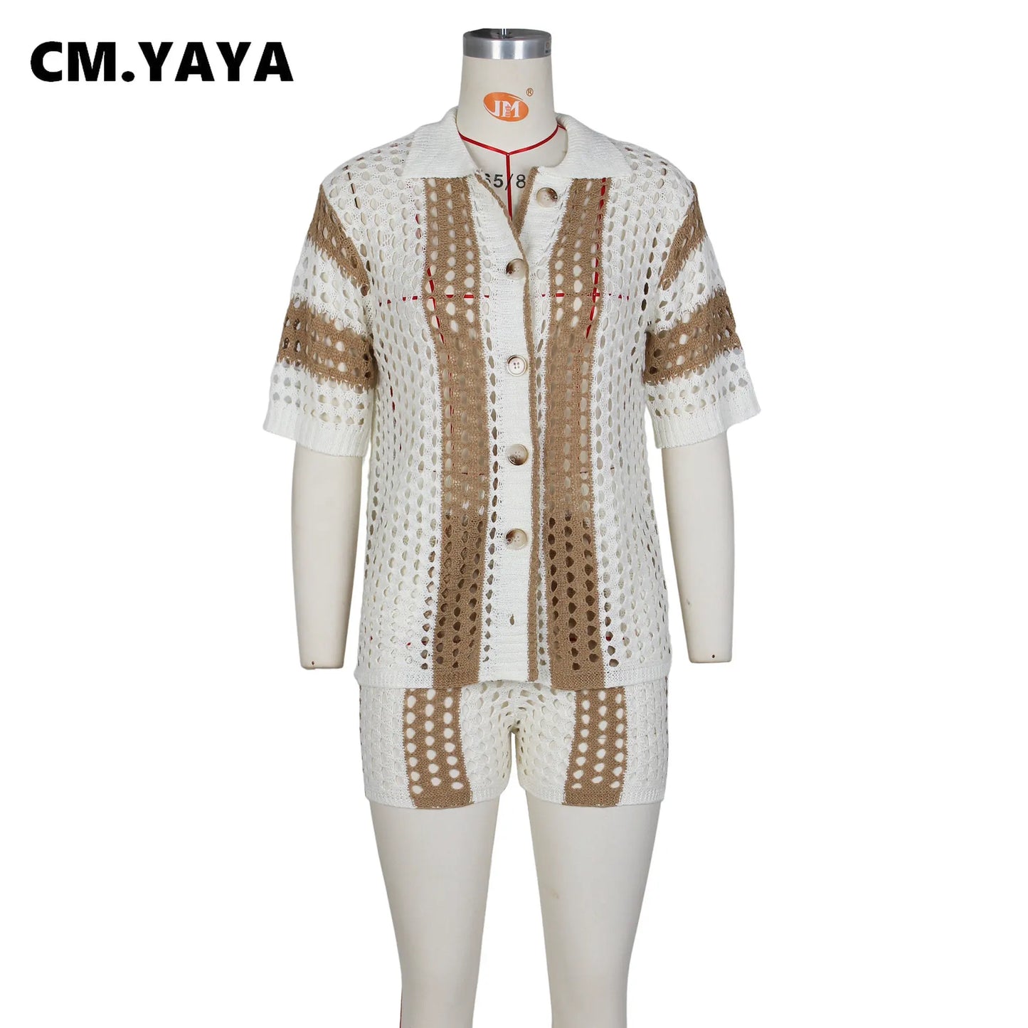 CM.YAYA Knit Ribbed Crochet Patchwork Women's Set Short Sleeve Shirt Sweater + Shorts Suit 2023 Two 2 Piece Set Outfit Tracksuit