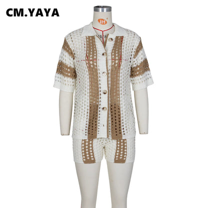 CM.YAYA Knit Ribbed Crochet Patchwork Women's Set Short Sleeve Shirt Sweater + Shorts Suit  Two 2 Piece Set Outfit Tracksuit