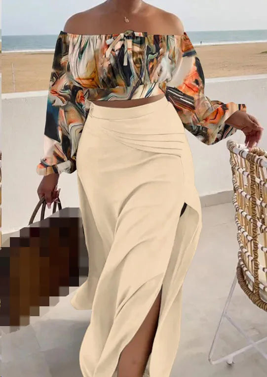 Casual Off Shoulder Suit Sexy Split Printing Loose Long Skirt Two Piece Set For Women Vacation Summer Outfits Vestido Feminino