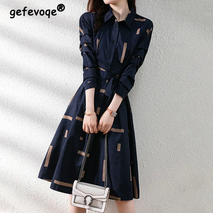 Elegant Fashion Geometric Printed Belt Dresses Spring  Long Sleeve Polo-neck Loose Tunic Pullover Midi Dress Female Clothing