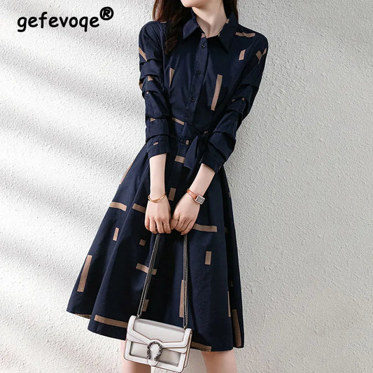 Elegant Fashion Geometric Printed Belt Dresses Spring 2023 Long Sleeve Polo-neck Loose Tunic Pullover Midi Dress Female Clothing