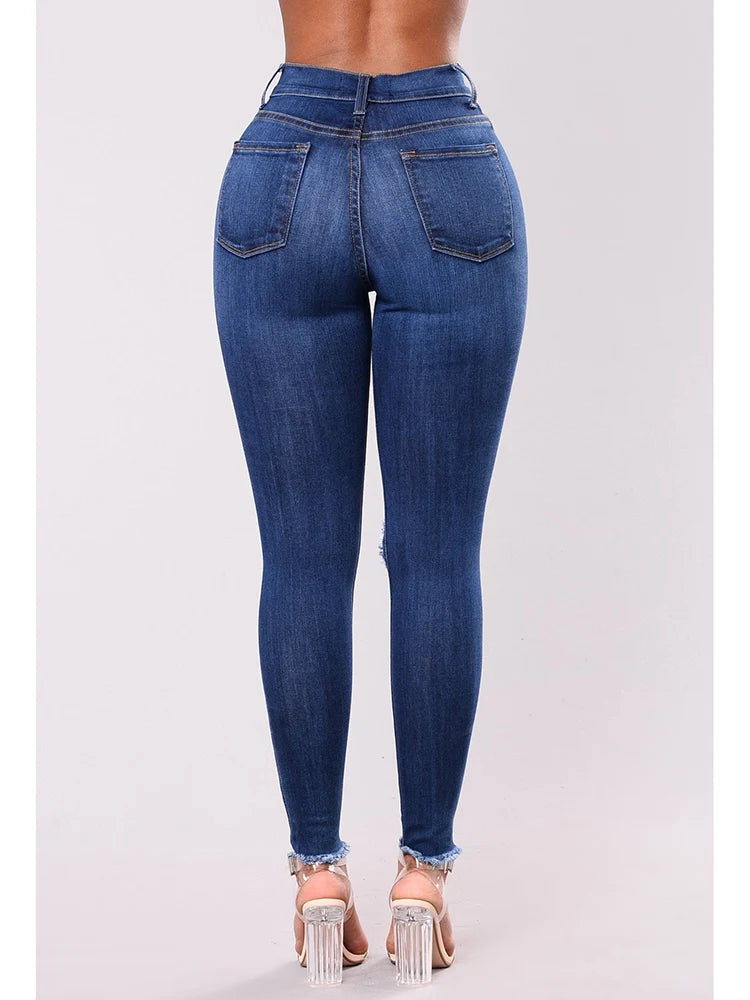 Women Stretch Skinny Ripped Jeans Lady High Waist Pencil Long Pants Narrow Straight Leg Wrap Hips Plus Size S-3XL Trousers