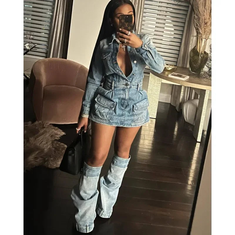 Vintage Denim Mini Dress with Trouser Legs Women Autumn Turn Down Collar Long Sleeve Buttons Pockets Dresses Hipster Streetwear