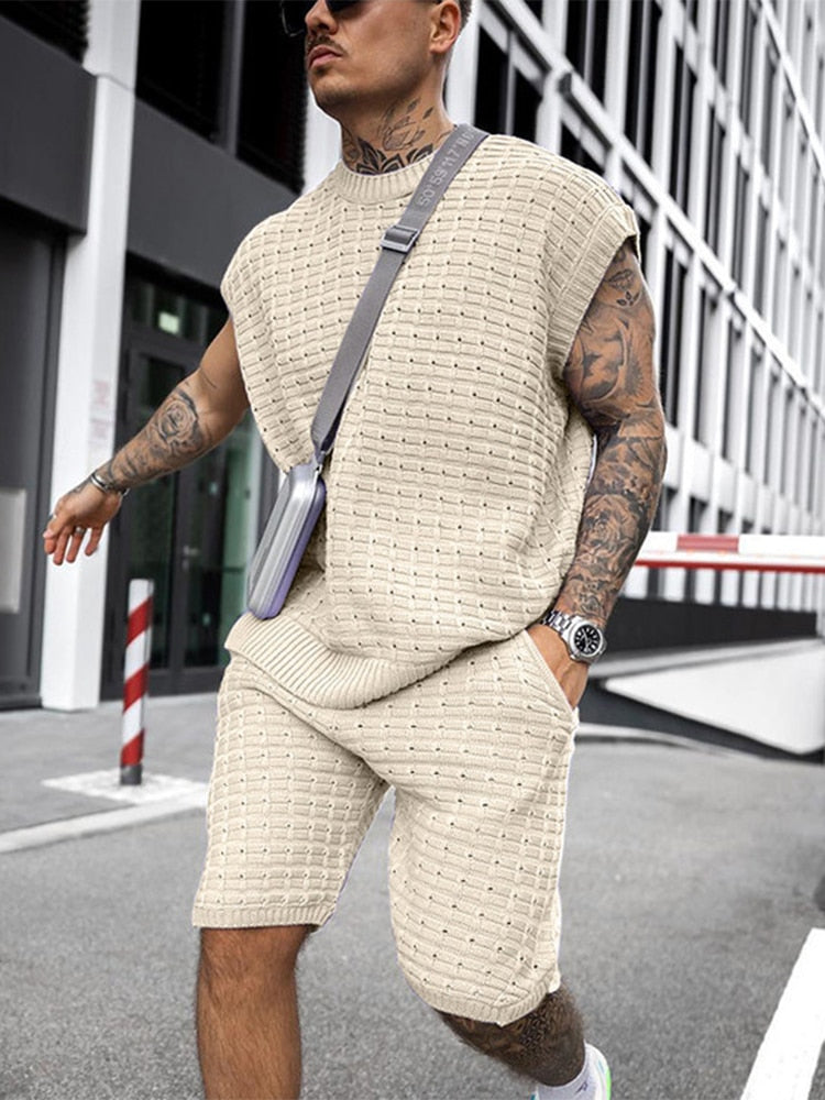 2023 Summer Men Fashion Outfits Knitted Solid Color Loose Suit Two Piece Sets Mens Casual O Neck Pullover and Shorts Suits