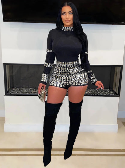 CM.YAYA Women Diamonds Hot Rhinestones Long Sleeve Short Jumpsuits  Summer Sexy Party Club One Piece Suit Rompers Playsuits