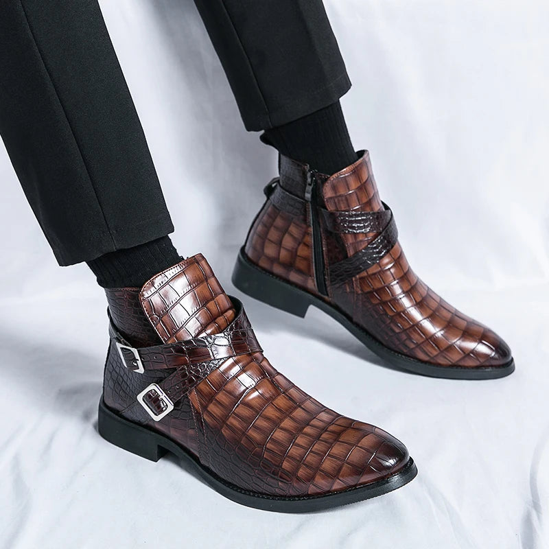 Men Ankle Boots Brown Black Business Pointed Zipper British Style Mens Retro Boots Crocodile Pattern Size 38-45 Motorcycle Boots