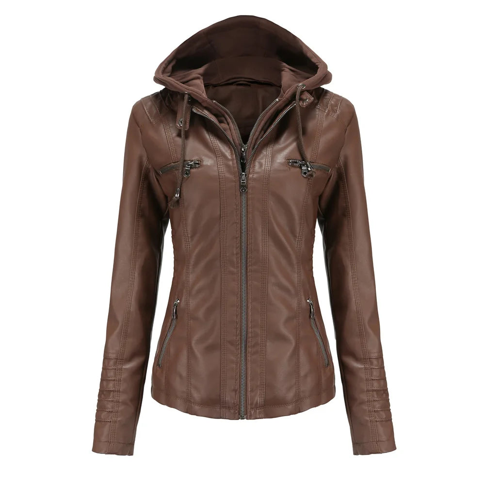 2024 Women's Hooded Leather Jacket 2 Pieces Set with Detachable Large Leather Jacket for Women Spring  Autumn PU Leather Jacket