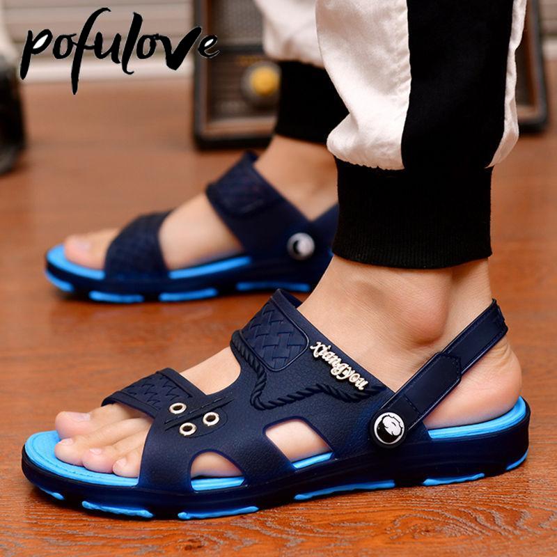 Pofulove Men Slippers Summer Sandals Outdoor Beach Casual Shoes Zapatos De Hombre Indoor Durable Anti Slip Peep Toe New