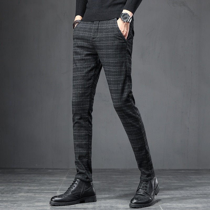 2022 Men&#39;s Stretch Stripe Plaid Trendy Pants Elegant Seasons Wear High Quality Designer Business Casual Trousers