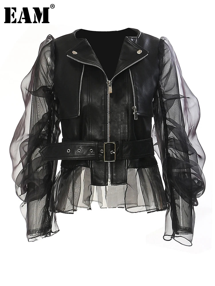 [EAM] Loose Fit Black Pu Leather Mesh Elegant Jacket New Lapel Long Sleeve Women Coat Fashion Tide Spring Autumn  17A8517