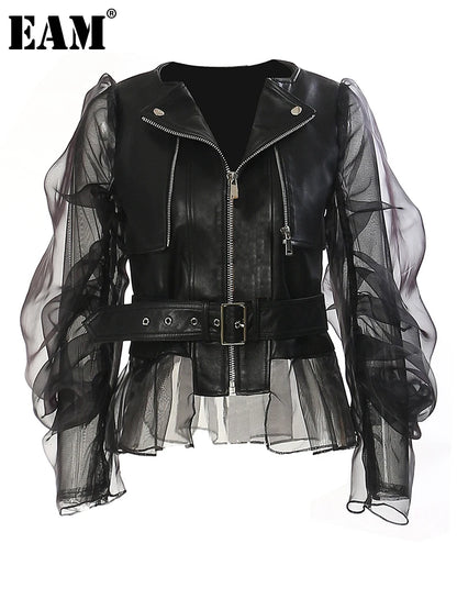 [EAM] Loose Fit Black Pu Leather Mesh Elegant Jacket New Lapel Long Sleeve Women Coat Fashion Tide Spring Autumn  17A8517