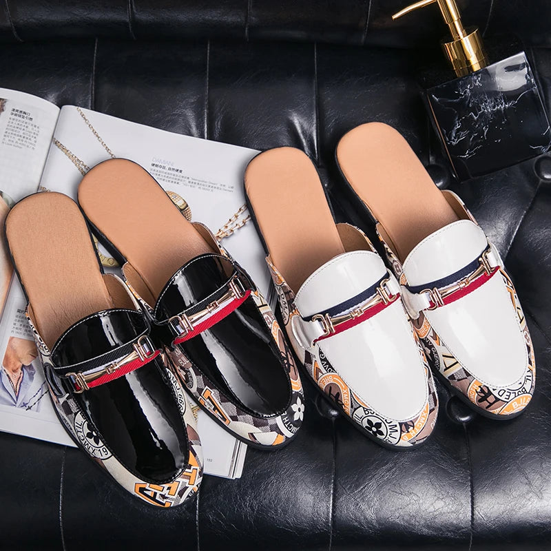 Luxury Brand Mens Designer Sandals Summer Casual Loafers Patent Leather 37~45 Men Half Shoes Mules Male Black Slides Slippers