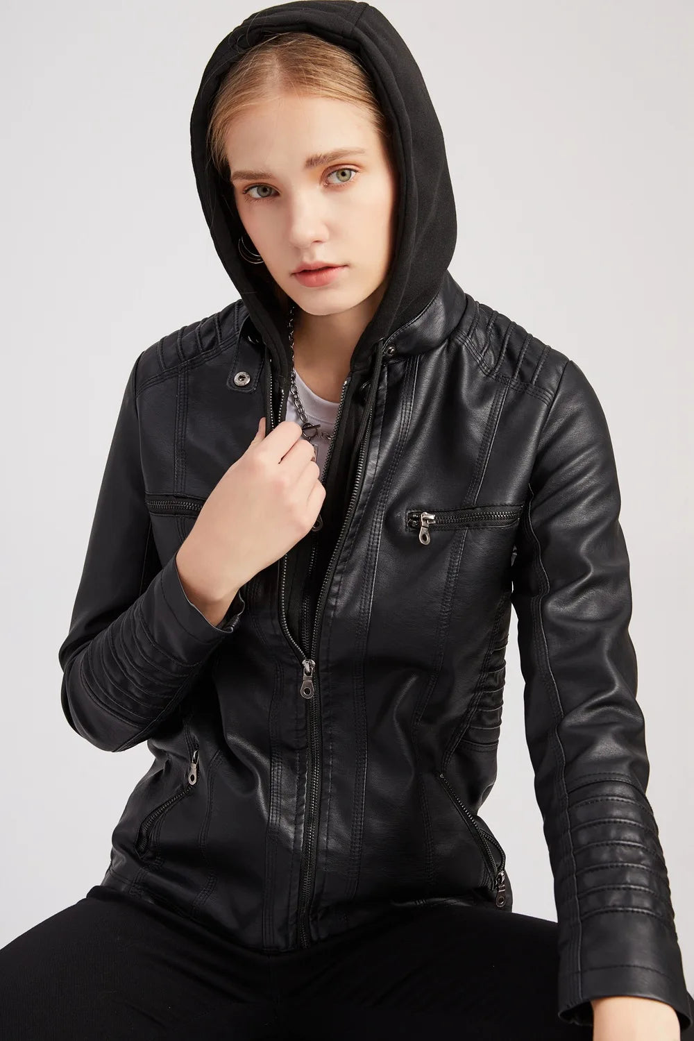 2024 Women's Hooded Leather Jacket 2 Pieces Set with Detachable Large Leather Jacket for Women Spring  Autumn PU Leather Jacket