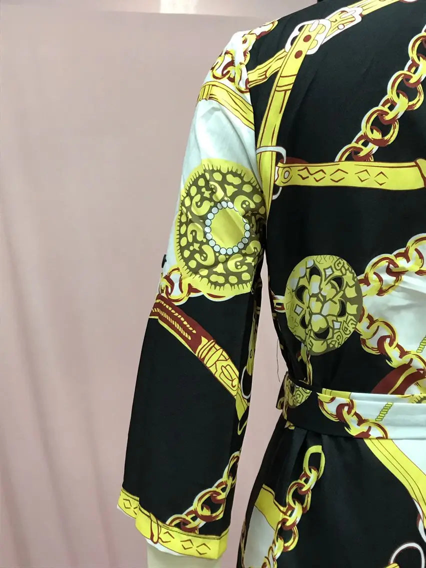 2024 Autumn New Women's Dress Fashionable Sexy Gold Chain Slim Fit Printed Single Breasted Lace Up Waist Cinching Short Skirt